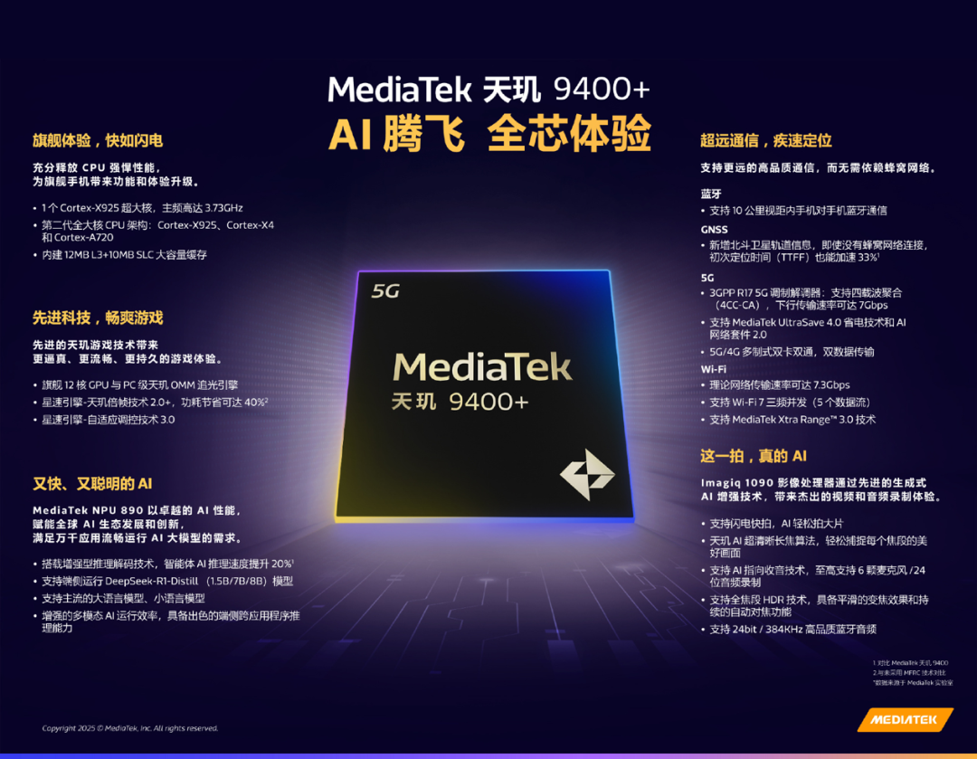 联发科发布天玑9400+旗舰5G智能体AI移动芯片