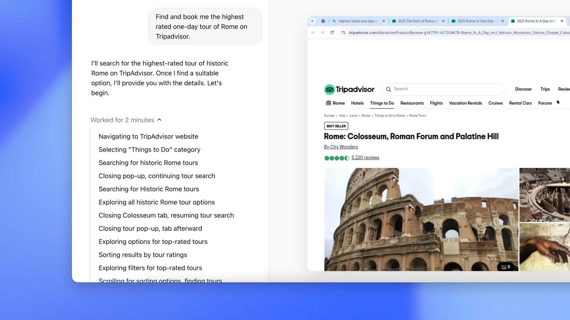 The image shows a user request to find and book the highest-rated one-day tour of Rome on TripAdvisor. It includes a search process summary and a TripAdvisor webpage displaying a "Best Seller" tour: "Rome: Colosseum， Roman Forum and Palatine Hill."