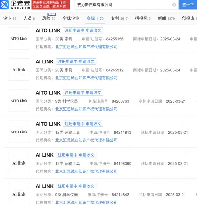 赛力斯申请Ai link商标